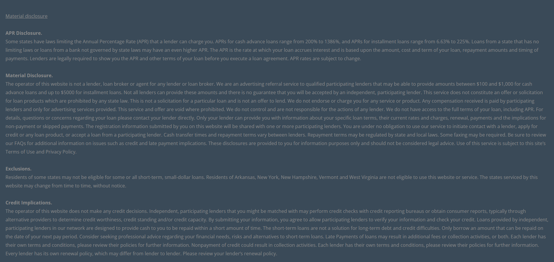 Material disclosure for payday loans in Fairfield California